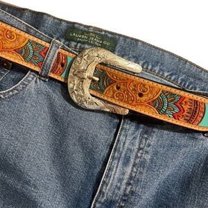Ariat Silvertone Long Horn Buckle Western Belt Embossed Teal Red Brown Size L